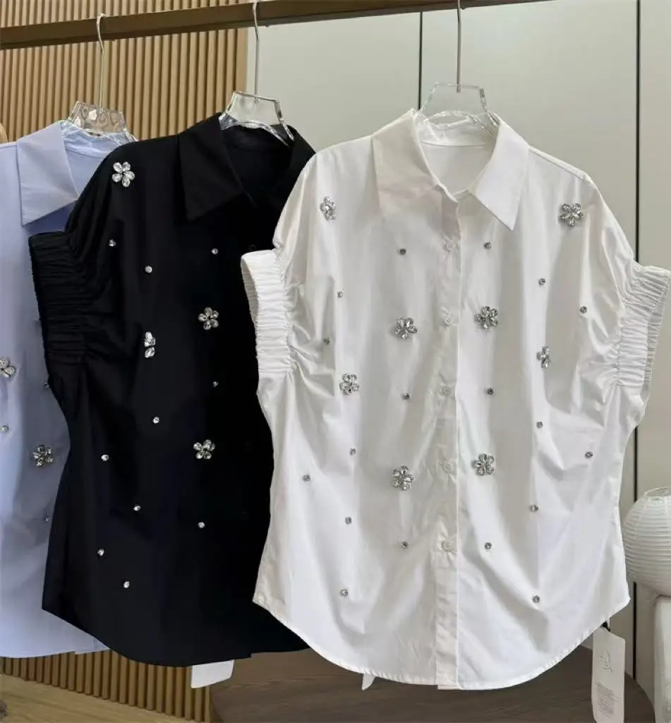 

Хлопковые блузки с короткими рукавами и блестящими бриллиантами, рубашки для женщин, весна-лето 2023, новые модные тенденции, свободные повседневные топы, Blusas