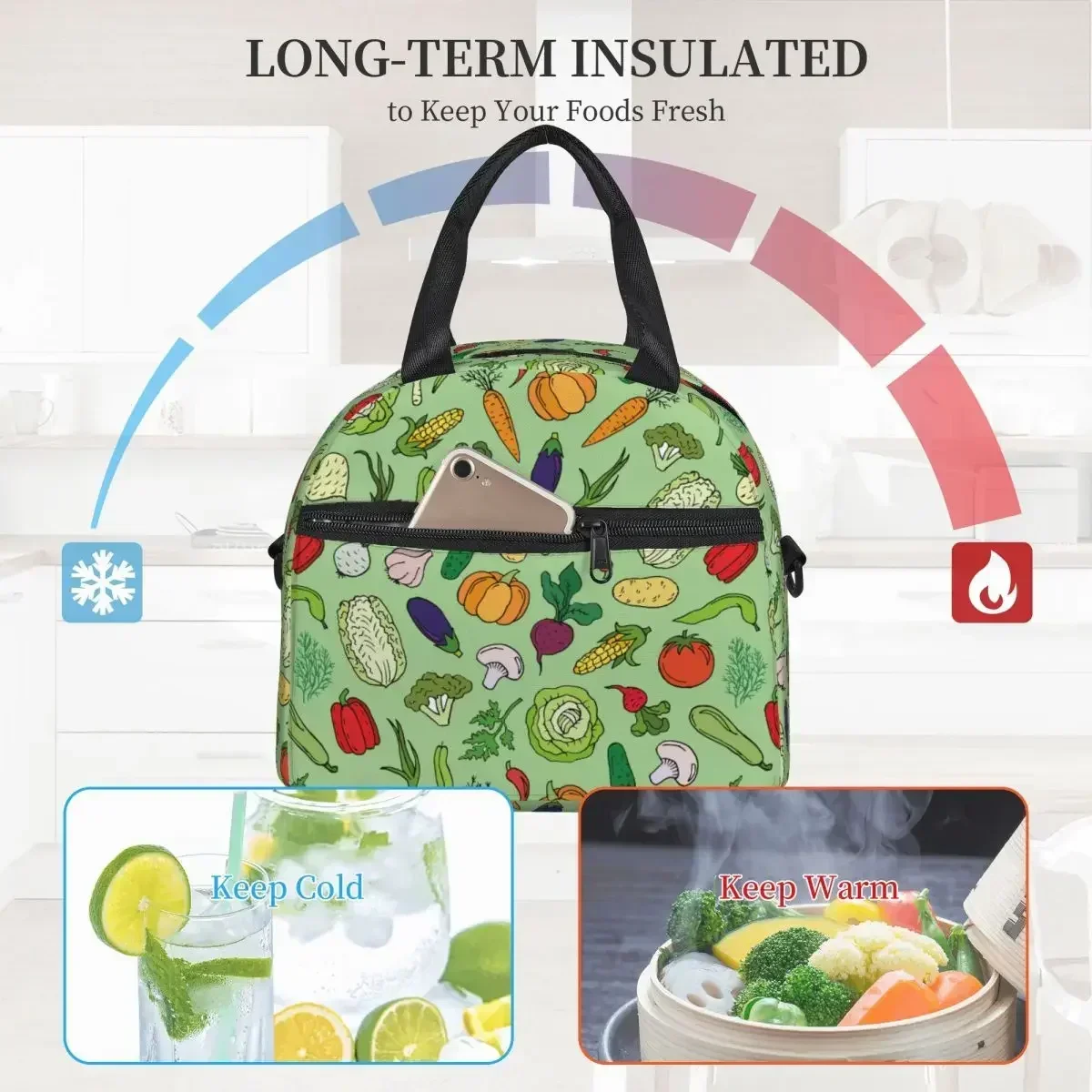 Cartoon Doodle Vegetables Insulated Lunch Bag With Adjustable Nice Strap Food Container Capacity Thermal Cooler Lunch Boxes