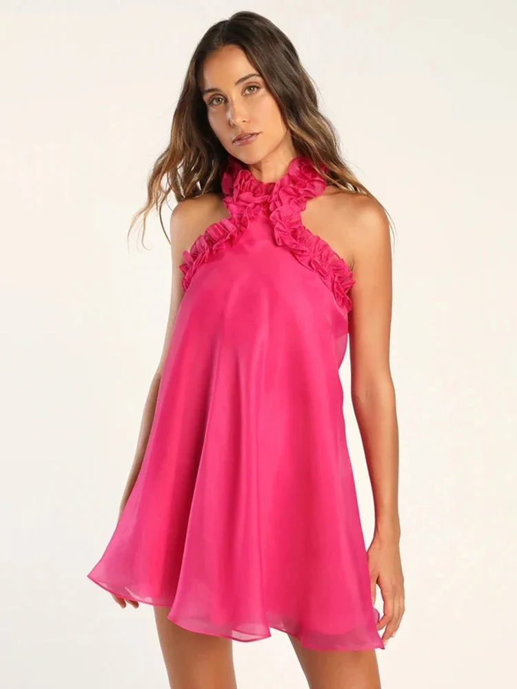 

Summer Women's Sexy Halter Neck Backless Loose Mini Dress Rose Red Sleeveless Ruffles Cocktail Party Nightclub