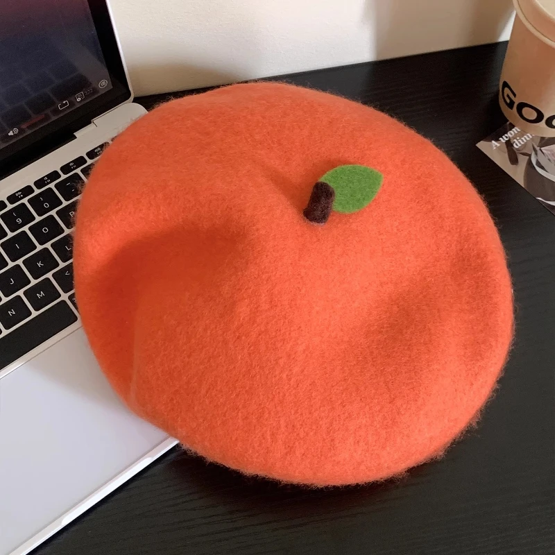Ins New Funny Cute Orange Woolen Berets Cap for Woman Autumn and Winter Casual Versatile Show Face Small Sweet Painter Hats view 5