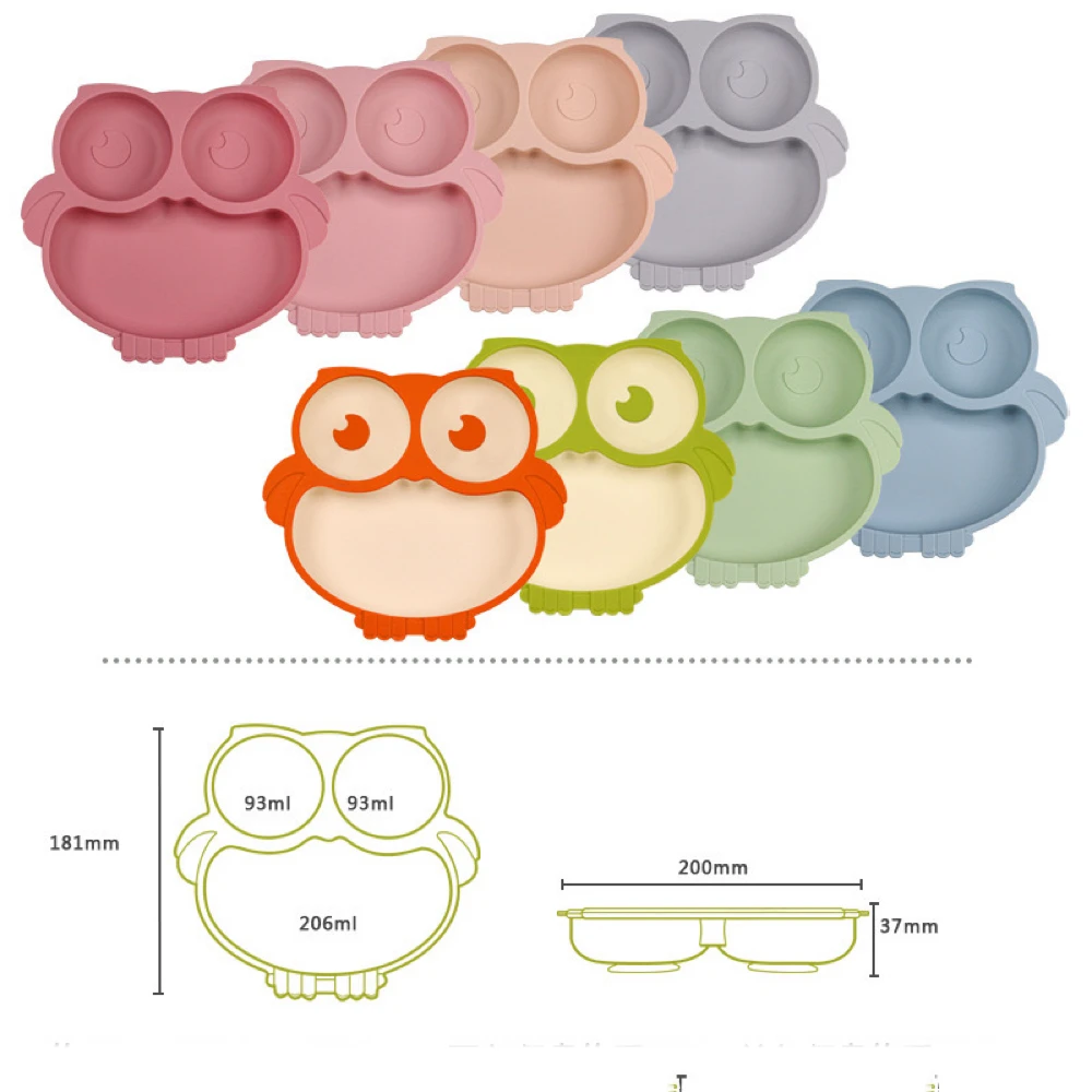 New children's plate sucker One two-color plate silicone plates Owl plate Sucker bowl Children's food cartoon plate 2024