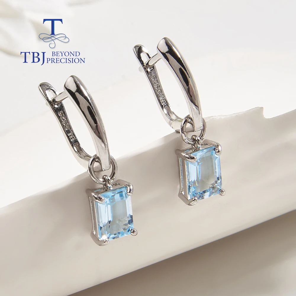 Simple stylish Natural Sky Blue Topaz fine earrings for Women's anniversary party with 925 sterling silver