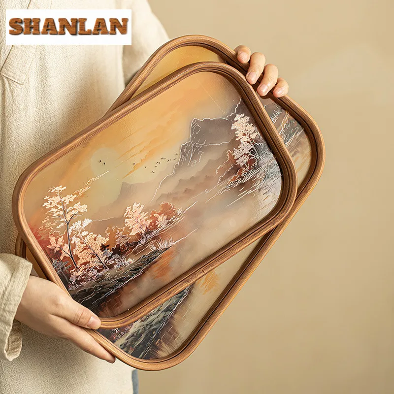

Crabapple Red Glass Tea Tray Creative Landscape Rectangular Teapot Holder Elegant Tea Board Dishes For Serving Fruit Plate Gifts