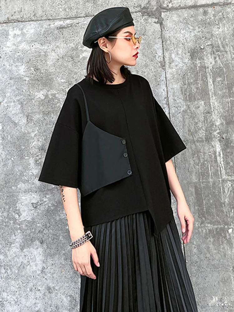 [EAM] Black T-shirt Pleated Irregular Half-body Skirt Two Pieces Suit New Round Neck Women Fashion Spring Summer 2024 1DH5042