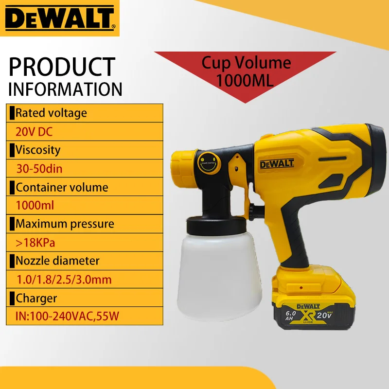 

DEWALT 800ML Portable Cordless Paint Sprayer, High-Power Automotive and Furniture Spraying Gun, Compatible with Batteries
