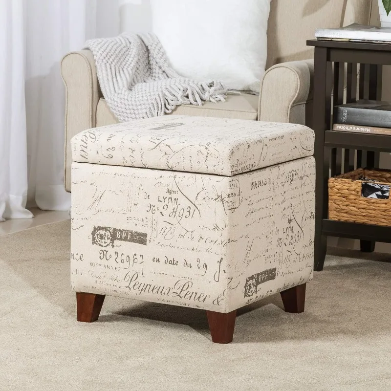 Fabric Script Pattern Cube Storage Footstool, Hinged Lid, Solid Wood Legs, 18