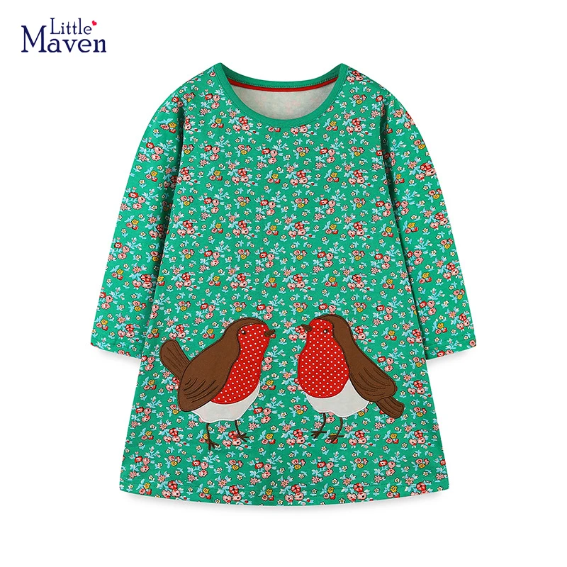 Little maven 2024 Children\'s Clothing Baby Girls  Cartoon Birds Flowers Long Sleeves Dress Cotton Autumn Casual Clothes for Kids