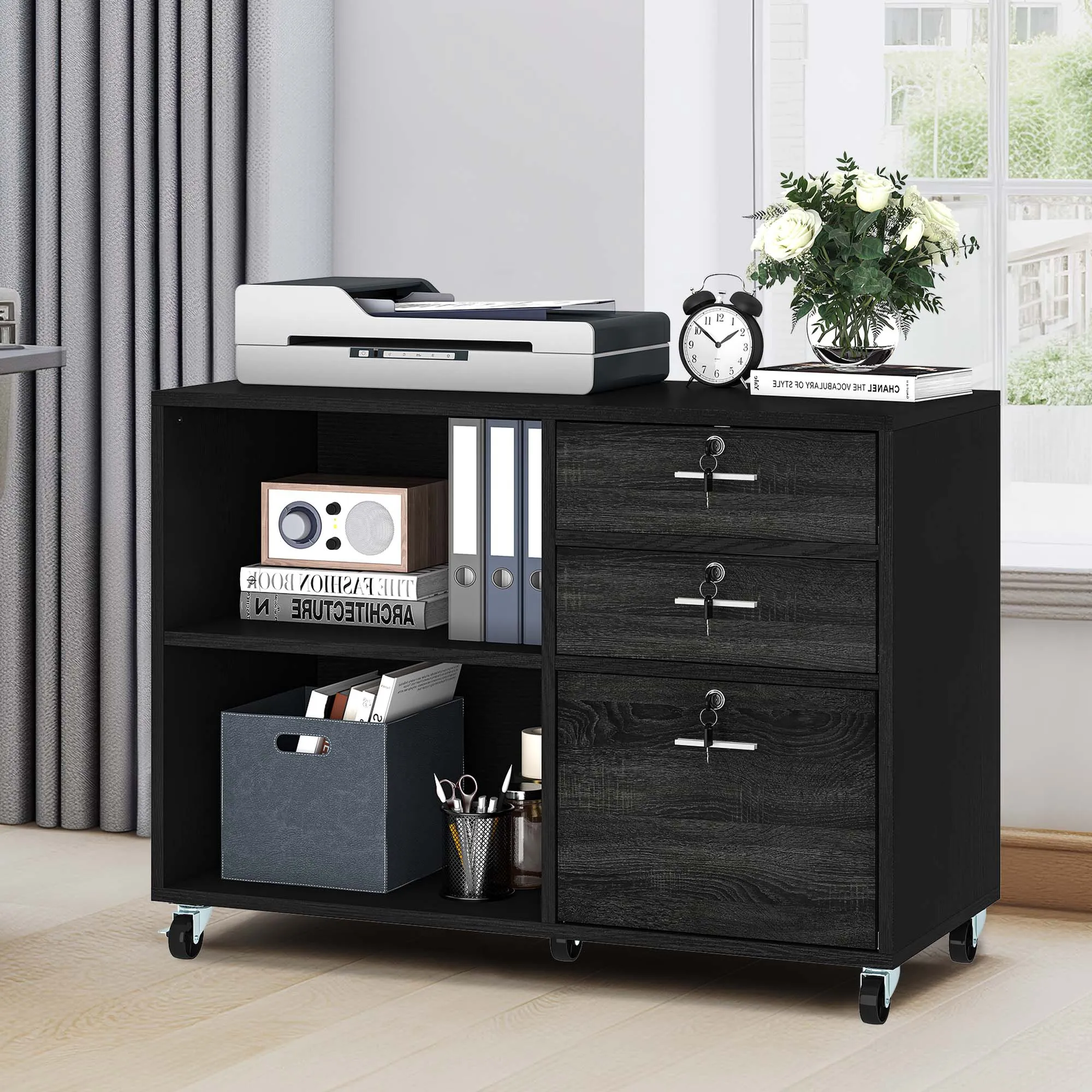 Wood File Cabinet 3 Drawer Rolling Lateral Filing Cabinet with Storage Shelf