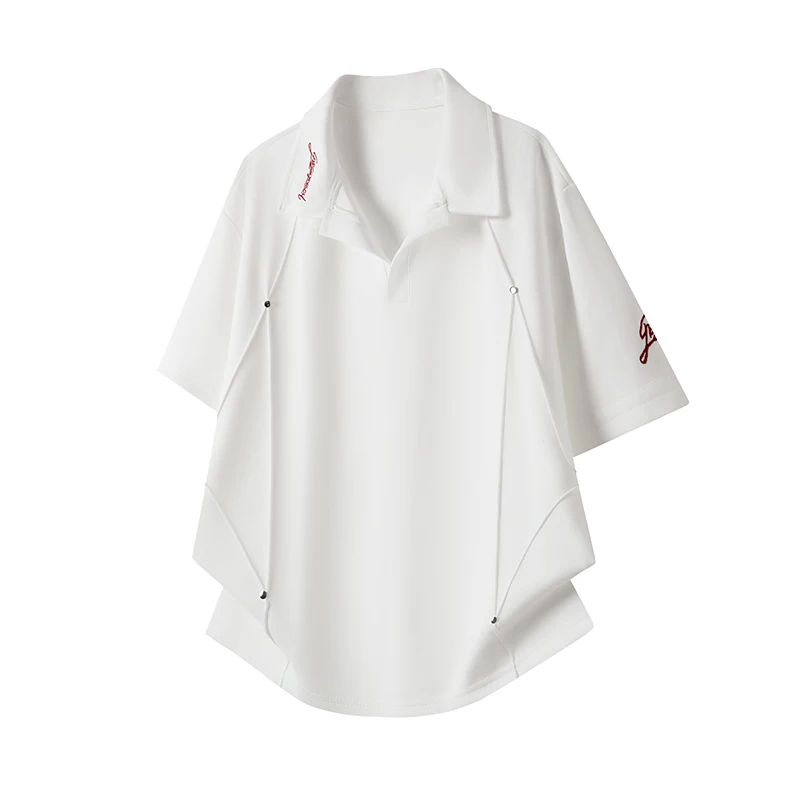 Men's Deconstructed Metal Studded Polo Shirt Embroidered Collar Loose-Fitting Oversized Street Style Casual Summer Shirt
