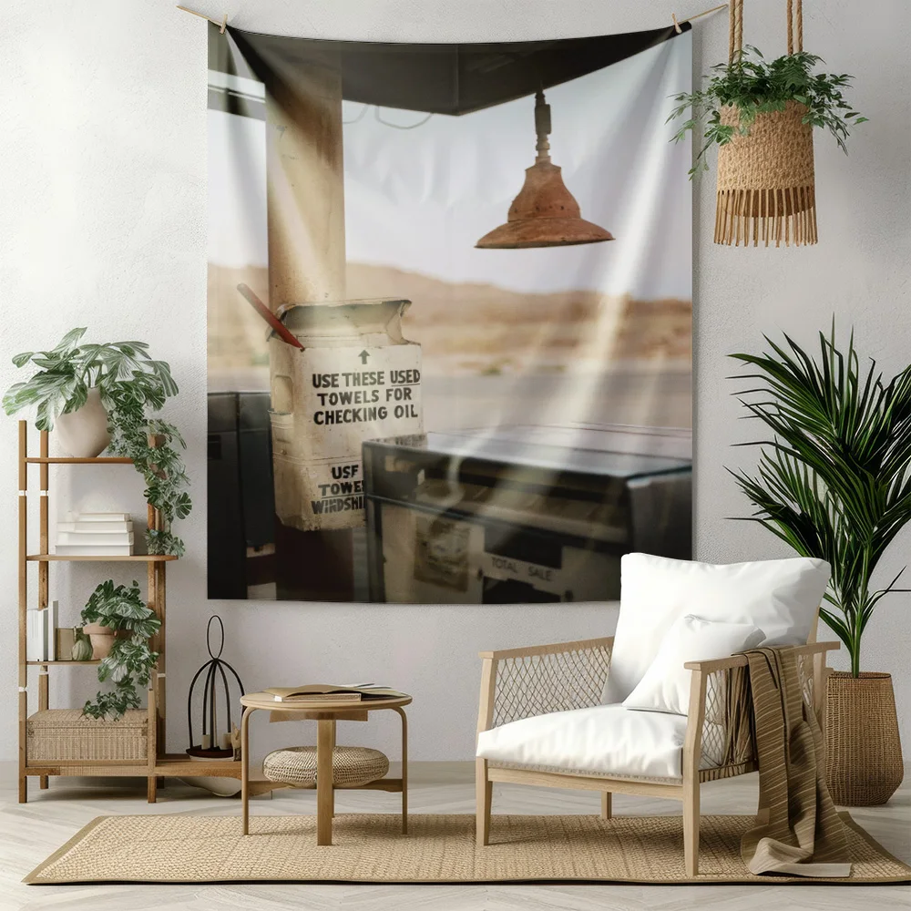 Retro Gas Station Sign Vintage Industrial Tapestry with Oil Can and Pendant Lamp Machine Washable All Season Decor Print Home