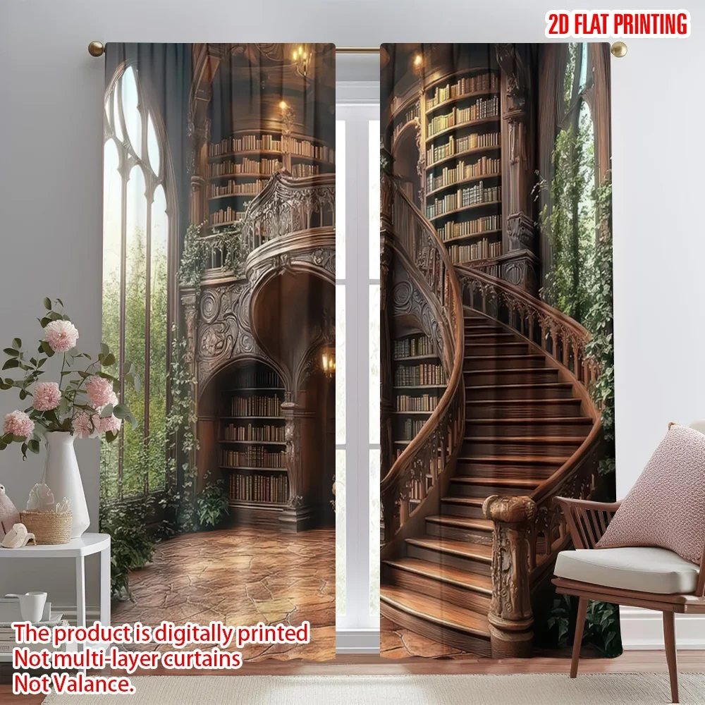 

2D flat printing 2pcs Window Treatment Curtains Grand Library Spiral Staircase Digital Printed Polyester Drapes All Season Party