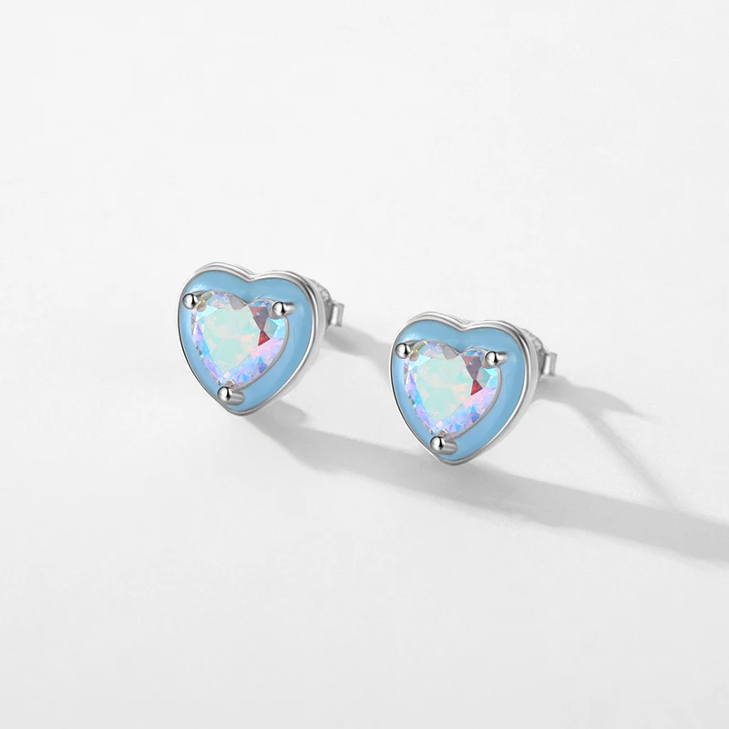 Modian 925 Sterling Silver Romantic Blue Enamel Hearts Ear Studs Rainbow Color Zirconia Stud Earrings for Women Wedding Jewelry