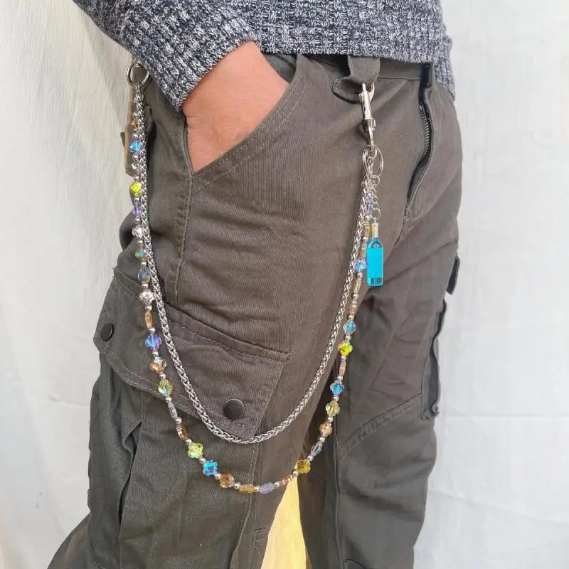 

New handmade punk style pants chain with shiny four leaf lucky grass, fashionable men's and women's jeans accessories for 2025