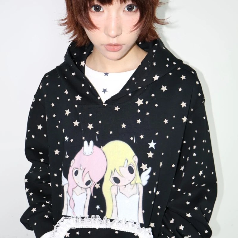 Japanese Design Black Star Print Women's Pullover Autumn Sweet Cool Illustration Loose Lace Versatile Hooded Sweatshirt Ladies