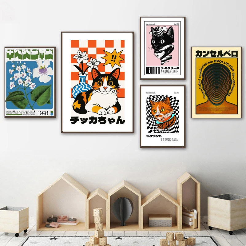 

Japanese style abstract cat portrait flower Poster Wall Art Print Canvas Painting man Poster Wall Pictures Living Room Decor