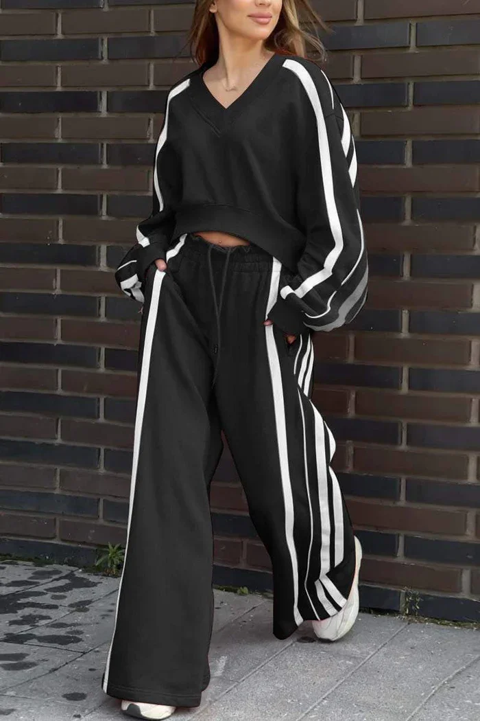 Striped T Shirt+Sweatpants Two Piece Set Women Casual Loose Lantern Sleeve Sports Tops Outfits Autumn Winter Wide Leg Pants Suit