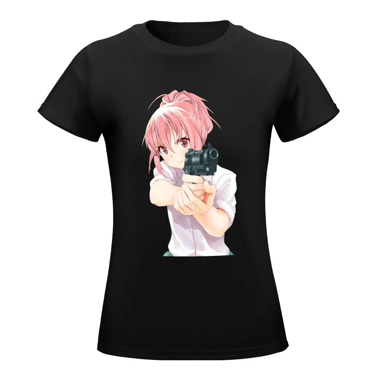 anime girl with pink hair holding a gun T-Shirt female anime clothes spring clothes Women 2024