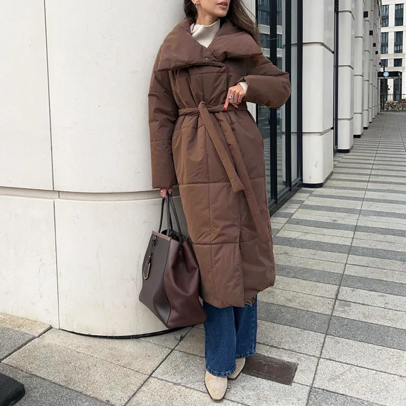 HKSH Winter New Women Long Padded Coat Stand Collar Single Breasted Sashes Solid Color Elegant Trendy Casual Warm Jacket HK11359