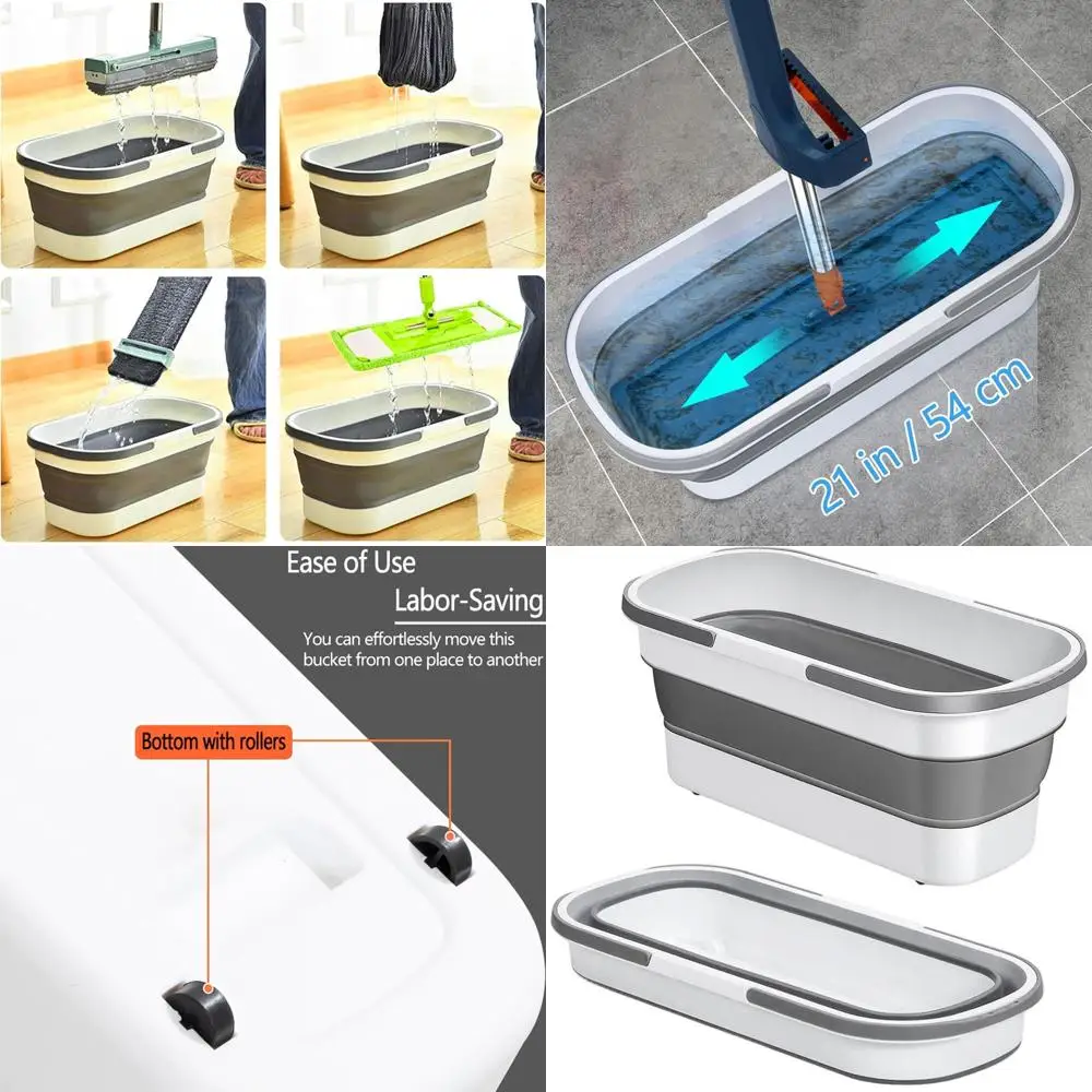 

Портативное серое пластиковое ведро для швабры емкостью 17 л с колесами для чистки, кемпинга и многоразового использования.