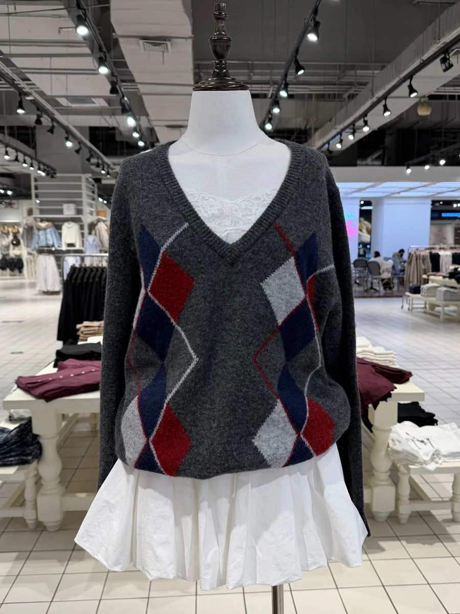 

Женский серый свитер в стиле аргайл, весенний, с V-образным вырезом, длинными рукавами, хлопковый, вязаный пуловер, топ, винтажный, в стиле преппи, милый джемпер Y2K