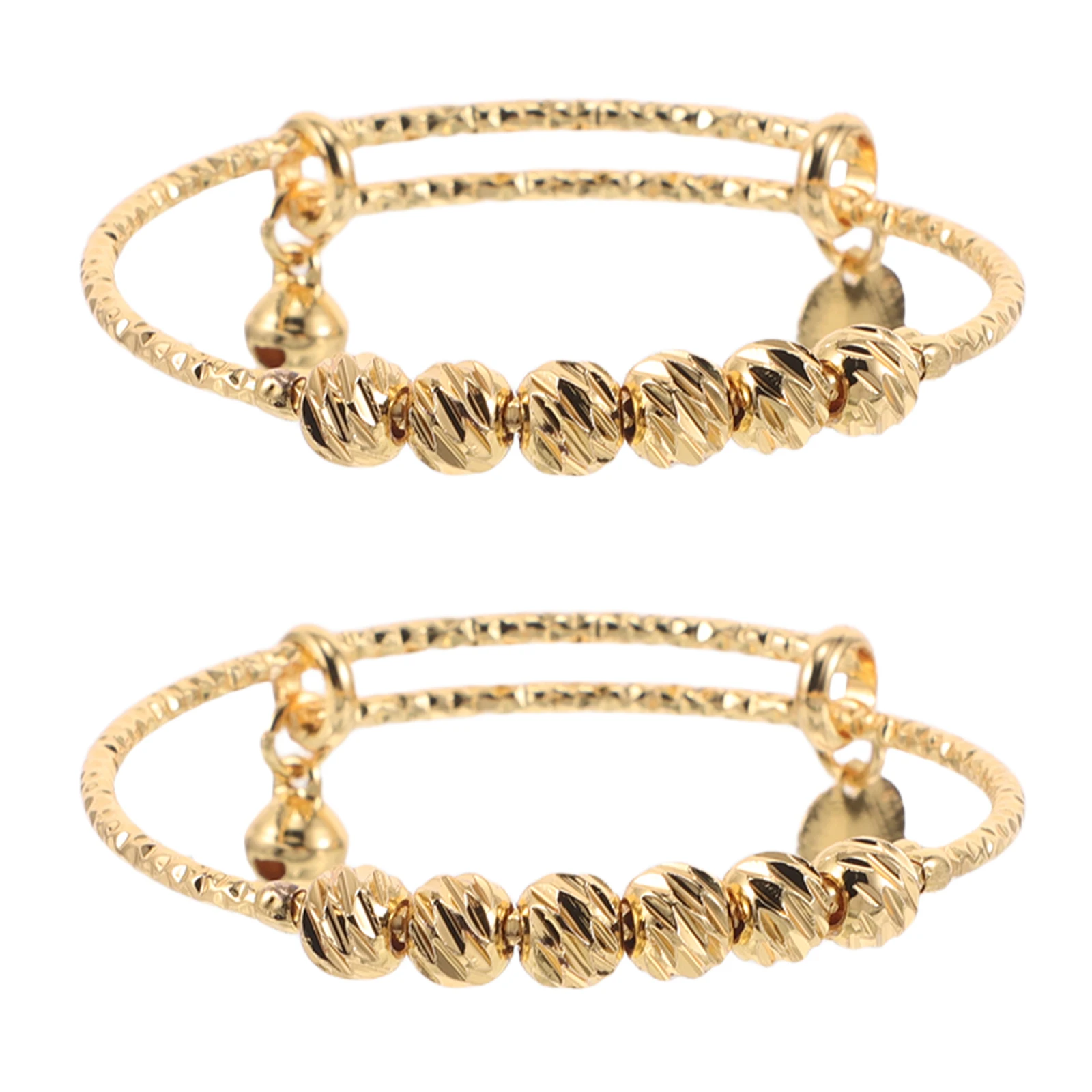 

2Pcs Golden Baby Bangle Bracelets for Girls Boys Adjustable Beaded Design Childrens Jewellery Birthday Parties Everyday Use