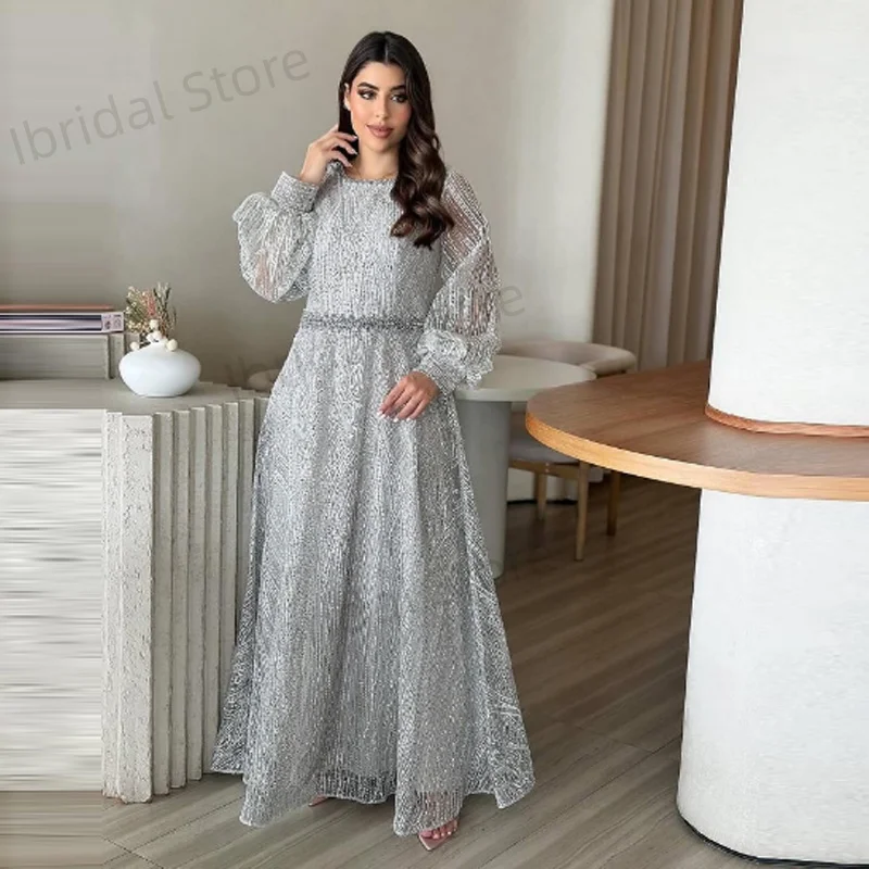 Customized Elegant Muslim Evening Dress Luxury A-Line Long Sleeves Beads Formal Prom Wedding Party Gown for Women