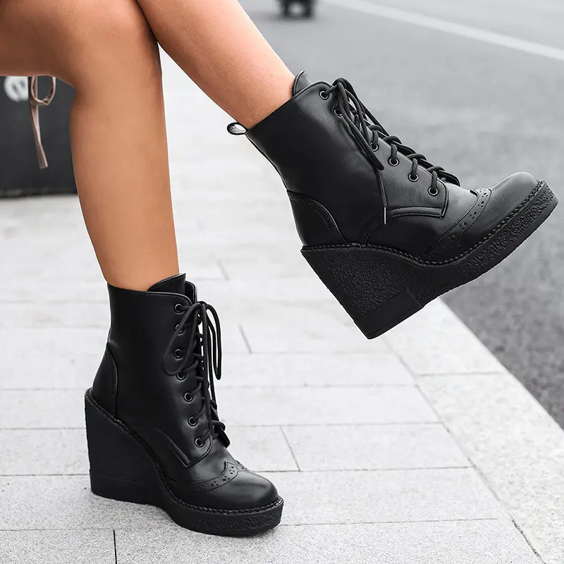 REAVE CAT Women Ankle Boots Round Toe Wedges High Heel 12cm Platform 2.5cm Lace Up Short Bota Size 42 43 44