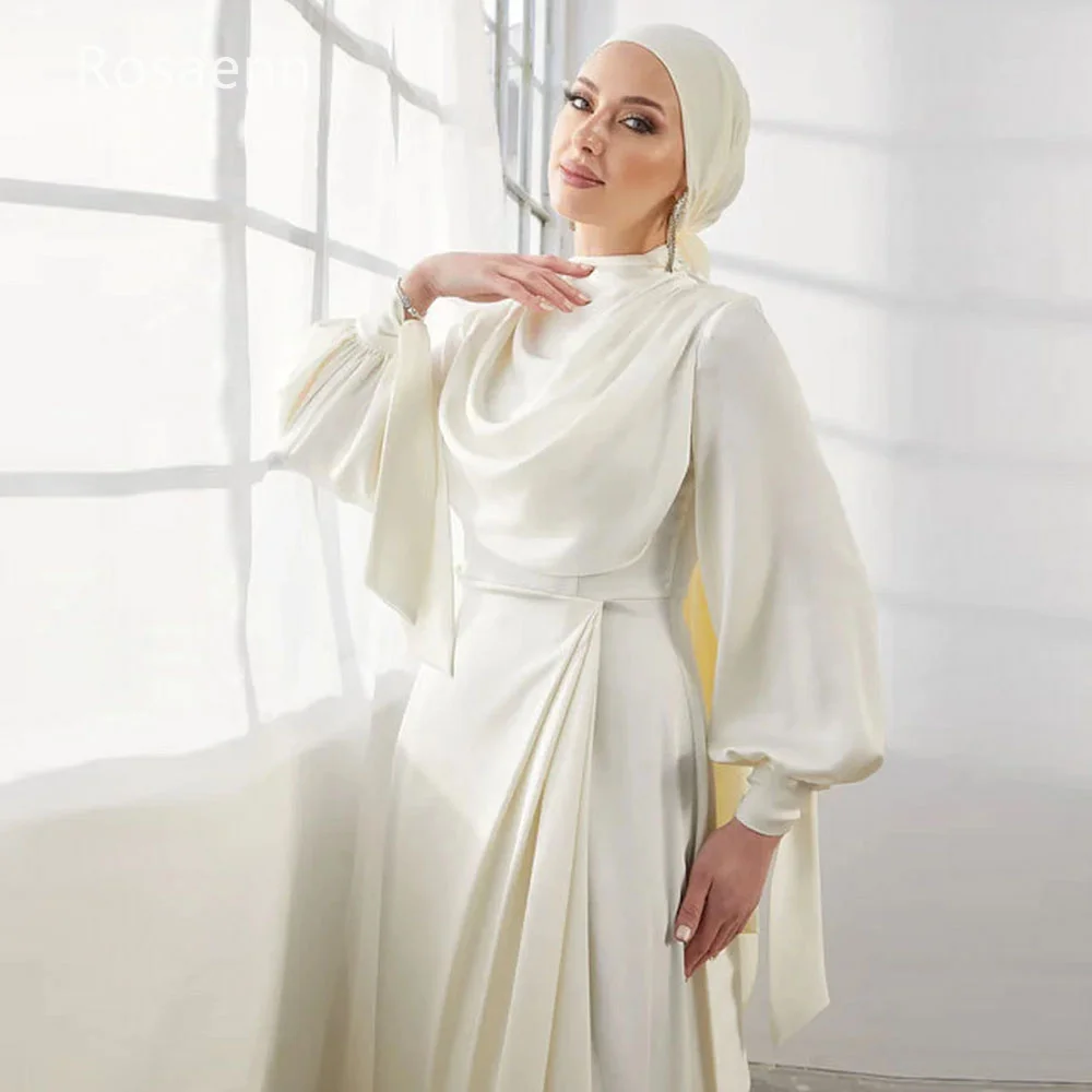 Customized Muslim Elegant A-line High Collar Wedding Dresses 2025 New Design Satin Bride Gown Draped Pleat robe de mariée Pleat