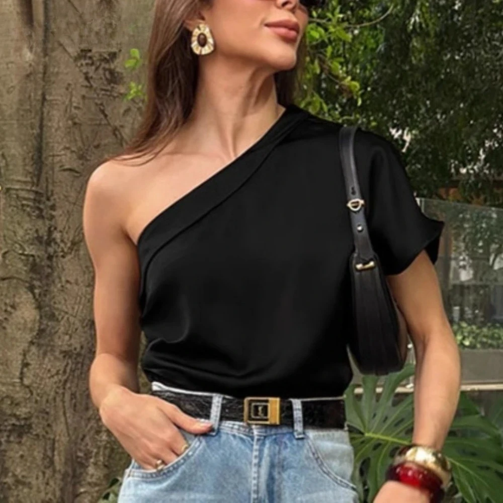 

Spring/summer new irregular collar matte satin off shoulder T-shirt 2025European and American fashion cross-border top for women