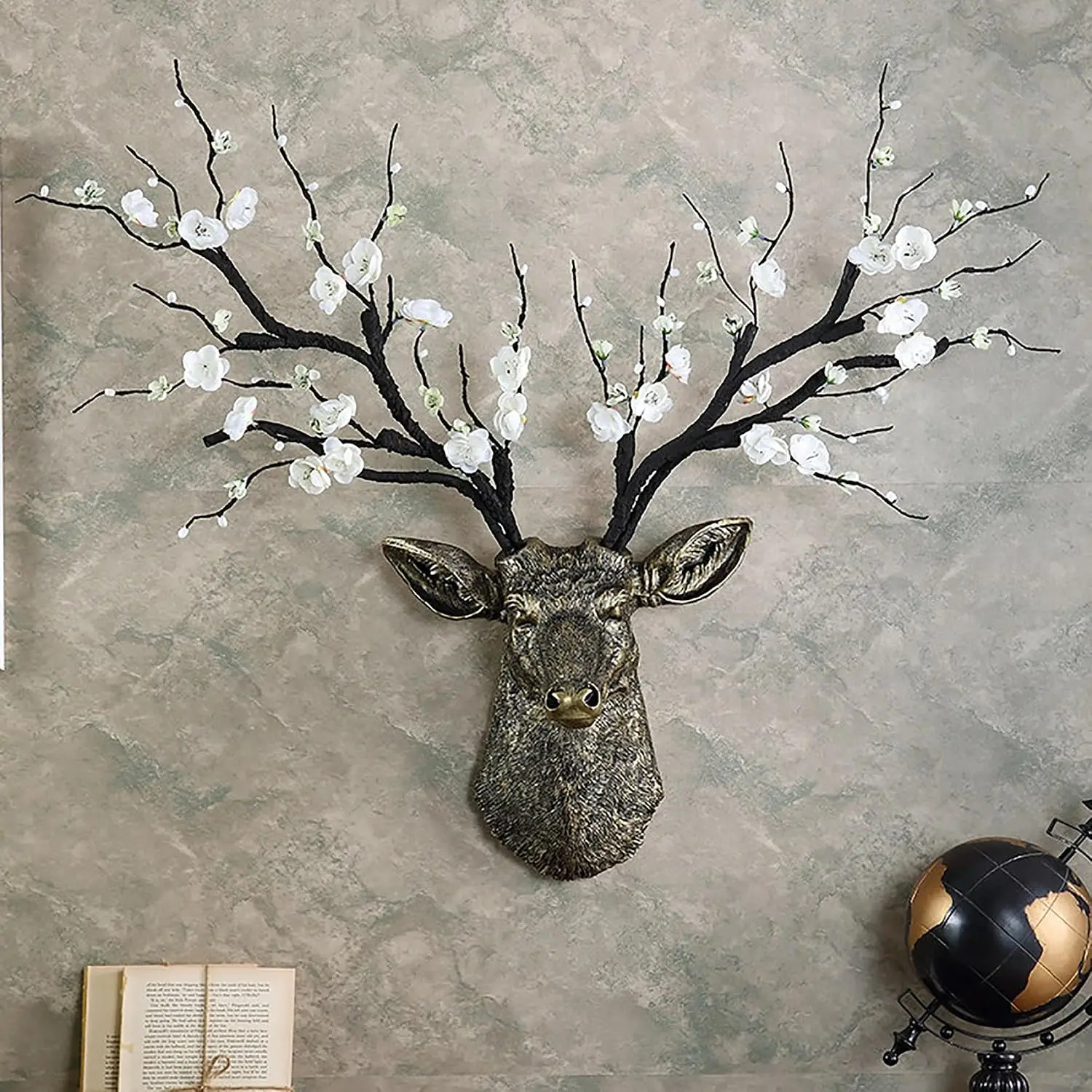 Faux Taxidermy Deer Head Wall Decor, Wall Mounted Animal Head Sculpture, Resin Antler Bust for Rustic Cabin & Fall Dining Room Decoration, White Brown