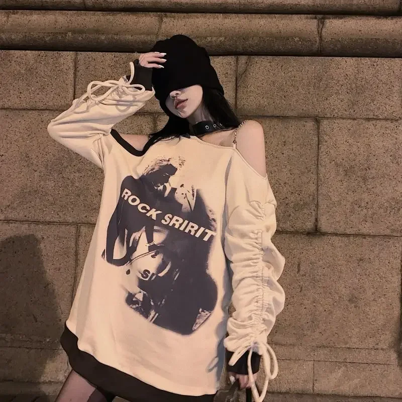 Hikigawa Spring Vintage Print Off Shoulder Tops Women Loose Casual Harajuku Long Sleeve O Neck Hoddies All Match Sweatshirts