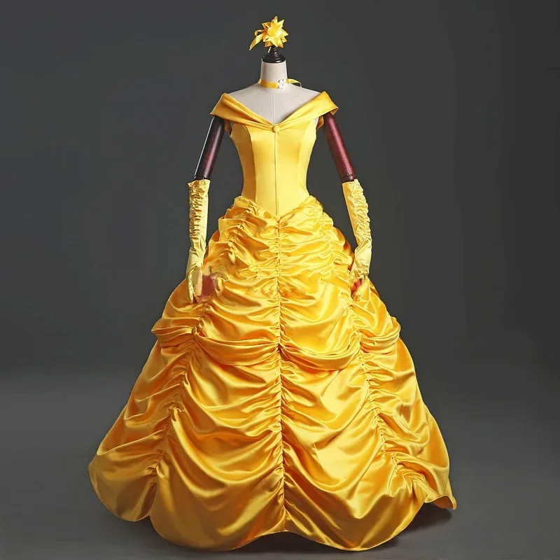 Nuevos adultos cosplay Navidad mujer princesa vestido de baile La Bella y La Bestia disfraz de belle para niños vestido amarillo mujeres de lujo