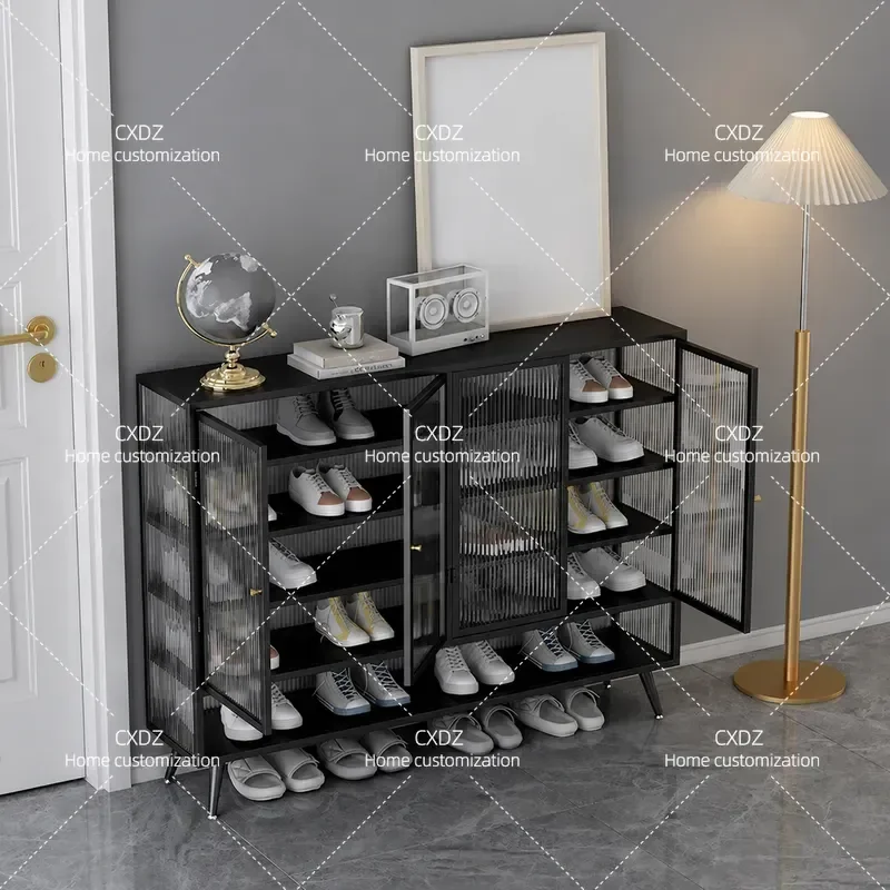 Modern Glass Door Shoe Cabinet Multi Layer Large Capacity Entryway Storage Rack Integrated Entrance Organizer for Home