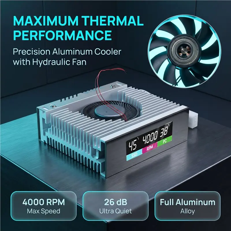 M.2 Drive Cooler With Intelligent Temperature Sensing Control PWM Turbine Fan IPS Color Screen MCU Silver-Y18A