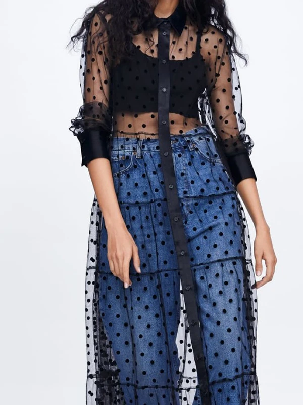 Long Dot Mesh SeeThrough Shirt Dress round Dot Pattern SeeThrough Design Elegant Commute Style Women's Fashion Summer Shirt D...