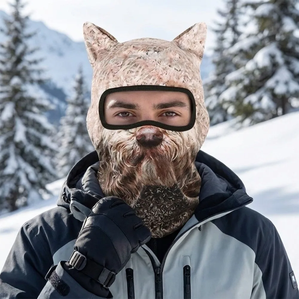 Windproof Cycling Balaclava Hat Thick Lined Machine Washable Full Coverage Mask Polyester 2D Flat Animal Pattern Sports Headwear