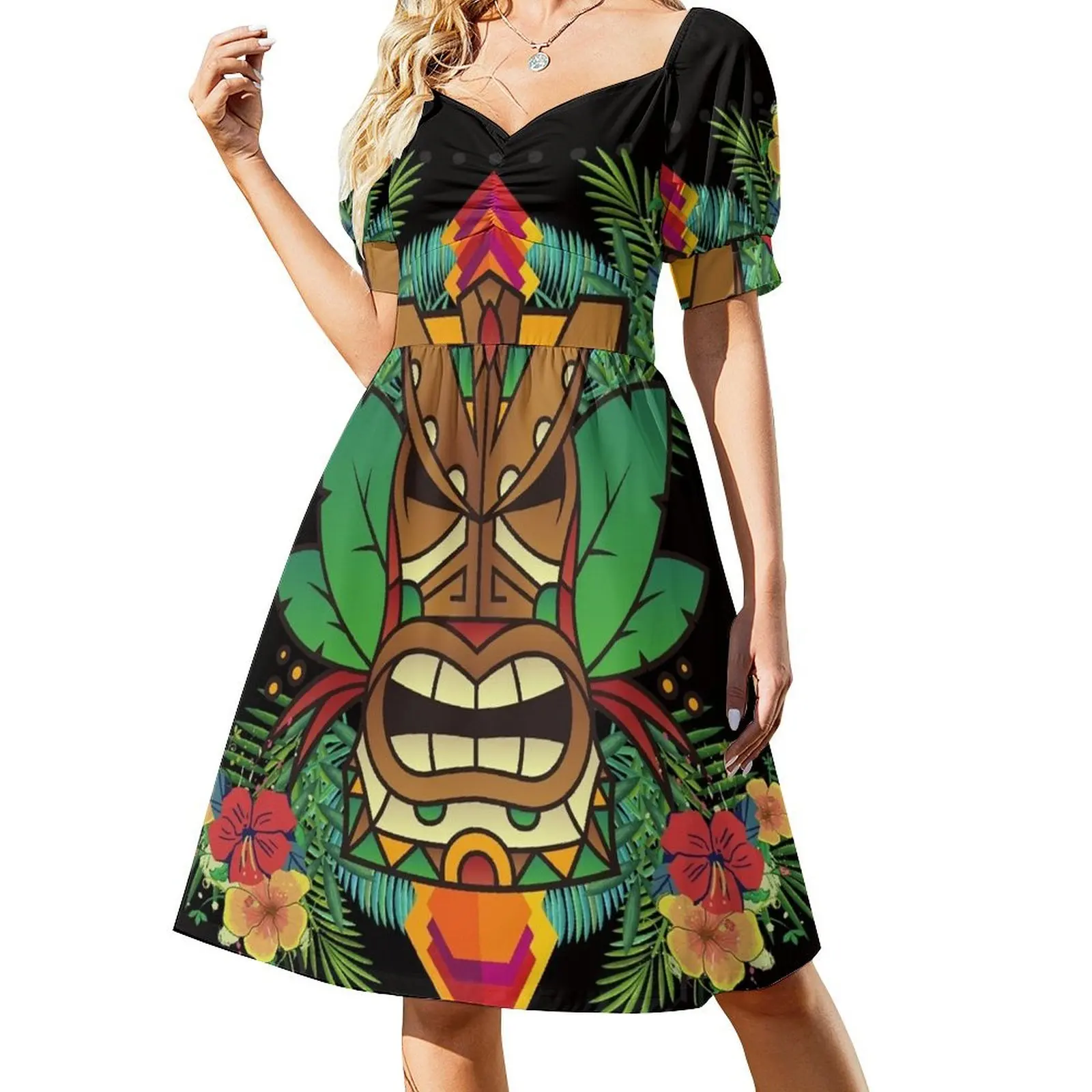 

Tiki Head and Polynesian Florals Short Sleeved Dress ladies dresses for women 2025 Bride dresses elegant dress Dress