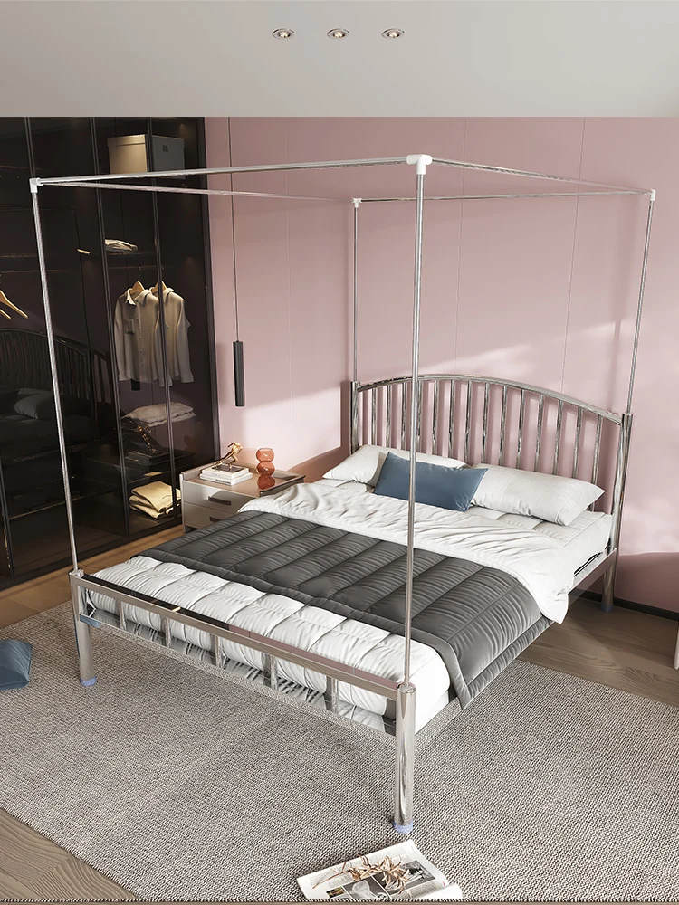 LTT thickened stainless steel bed with mosquito net rod simple double bed frame non-wrought iron bed