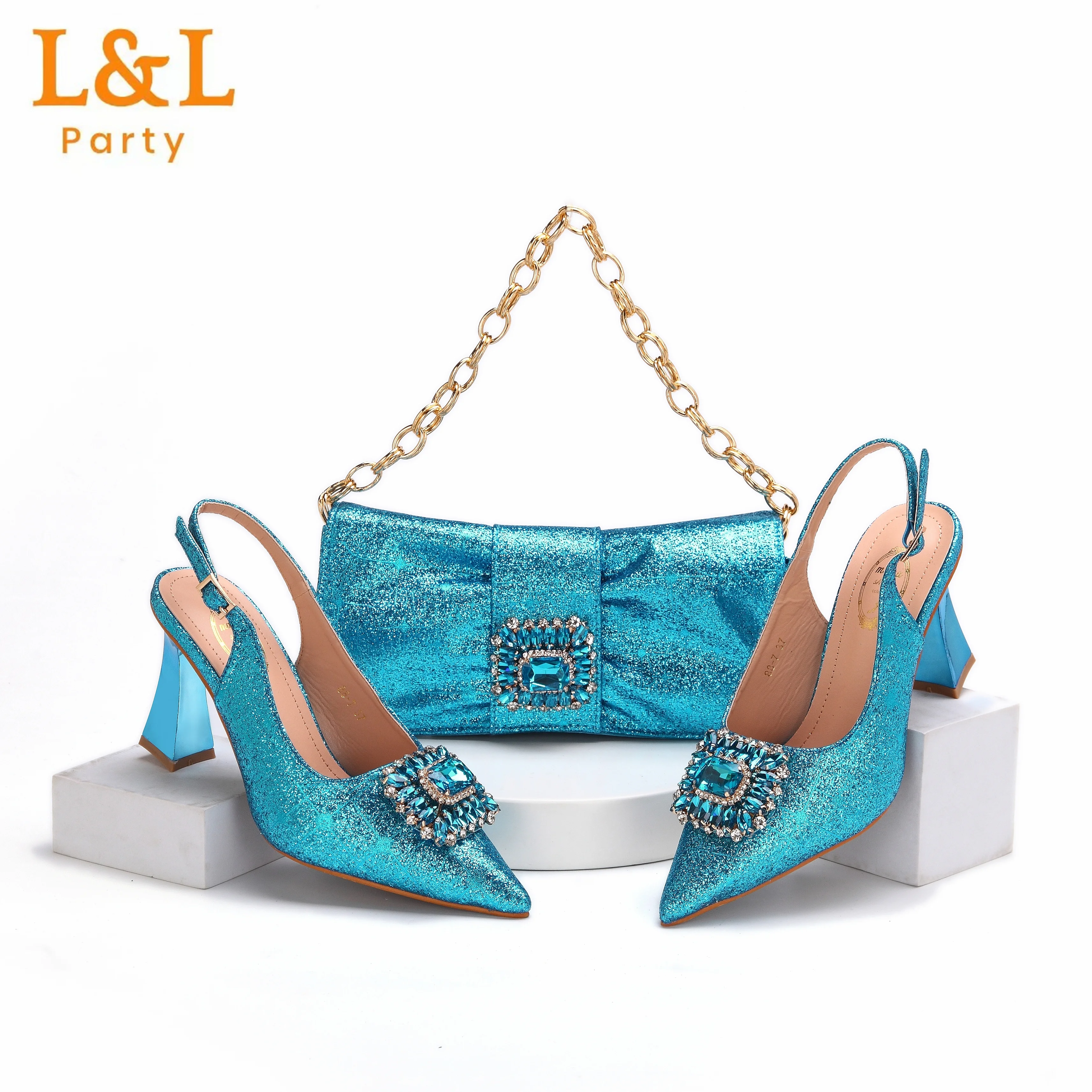 

New Arrival Fashion Shoes Matching Bag Set T.Blue Color Decorated With Crystal Ladies Wedding Party Women High Heels Sandals