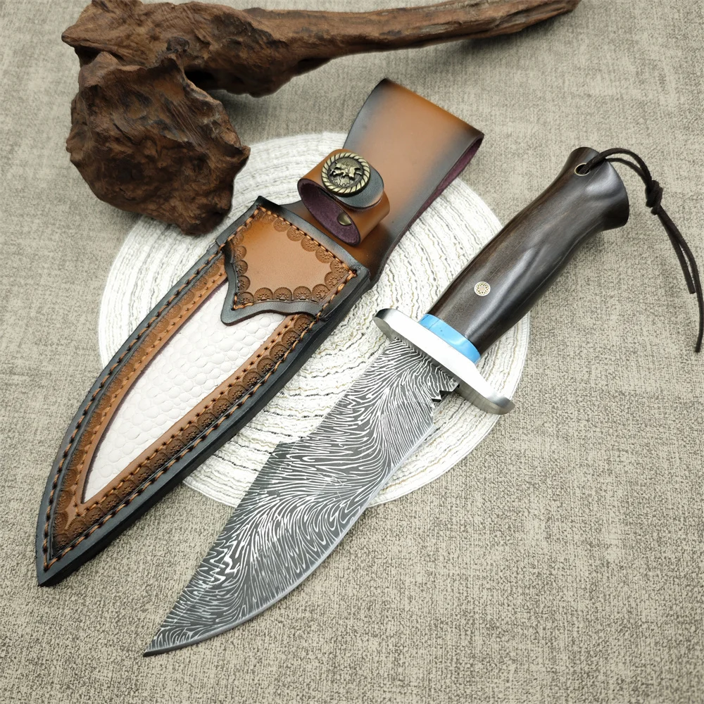 Feather Pattern 7cr13mov Blade Wood Handles Pocket Knife EDC Fixed Blade knife Outdoor Survival Camping Tools Knives