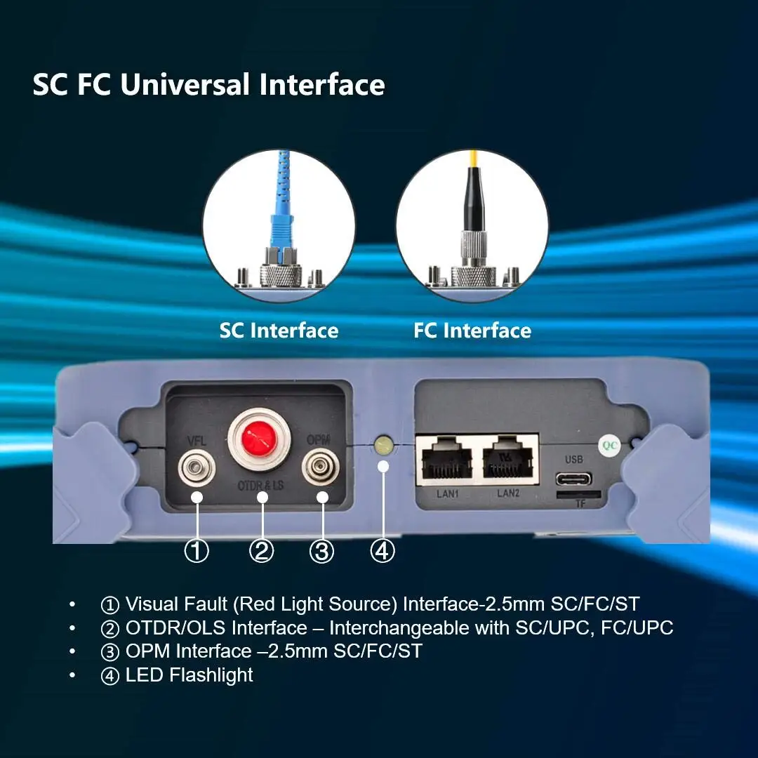 جهاز اختبار الألياف الضوئية SM 1310/1550nm 26/24dB 100 كجم مع شاشة لمس 4.3 بوصة، متعددة الوظائف
