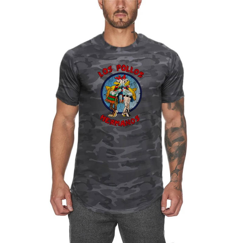 Camouflage LOS POLLOS Hermanos Funny Printed Short Sleeve Casual T-shirt Mens Gym Fitness Muscle Mesh Quick Dry Slim Fit Shirt