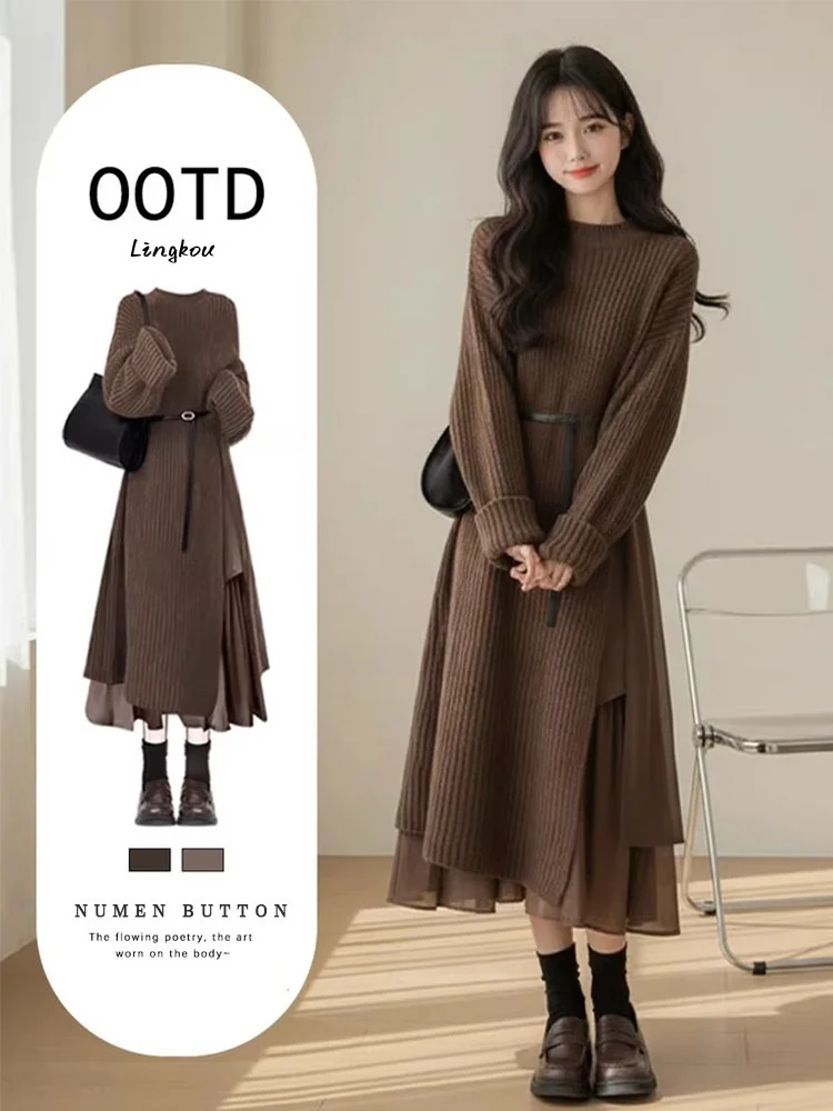 

Свободный длинный вязаный свитер и брюки с высокой талией: комплект из двух предметов для женщин, осенне-зимняя мода, большие размеры, корейский стиль, стройнящий эффект