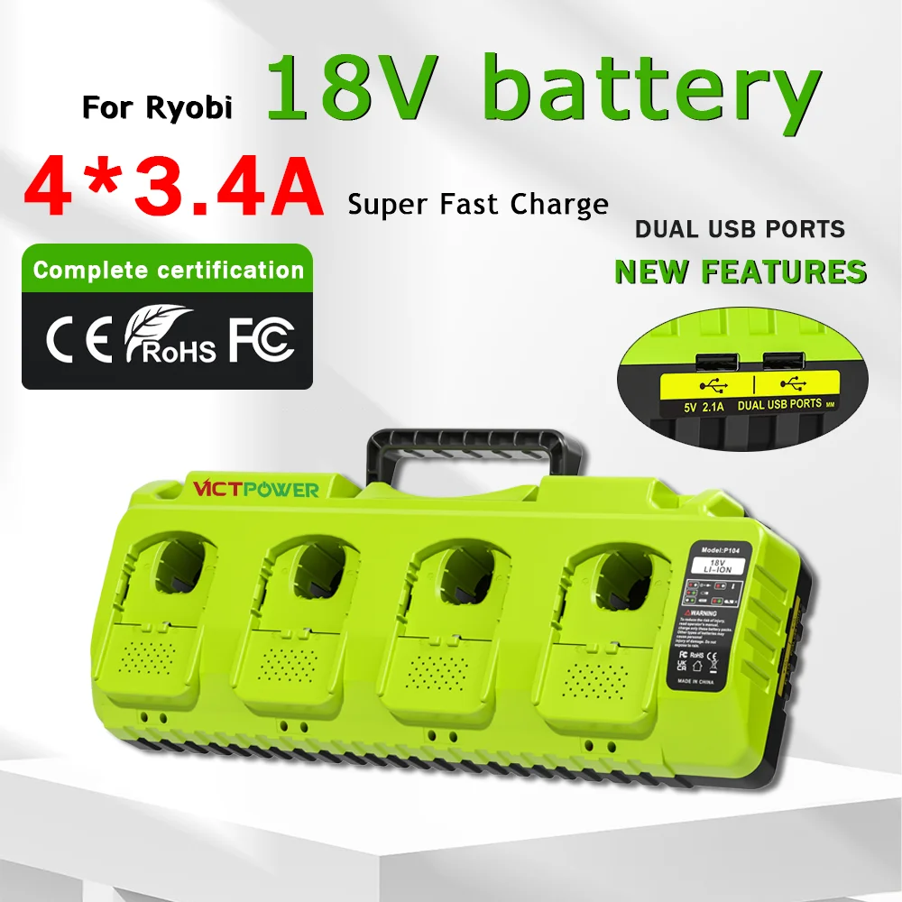 

4-Port Replacement Charger for Ryobi P102 P104 P105 P106 P107 P108 ONE+ 12V-20V Ni-CD/Ni-MH/Li-ion Batteries with Dual USB