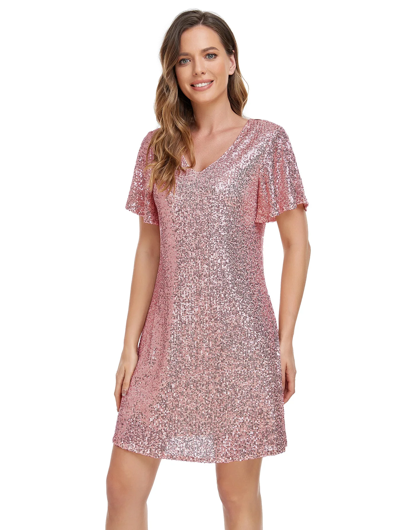 

Pink Sequin Short Prom Dresses V-Neck Flutter Sleeve Cocktail Evening Gown