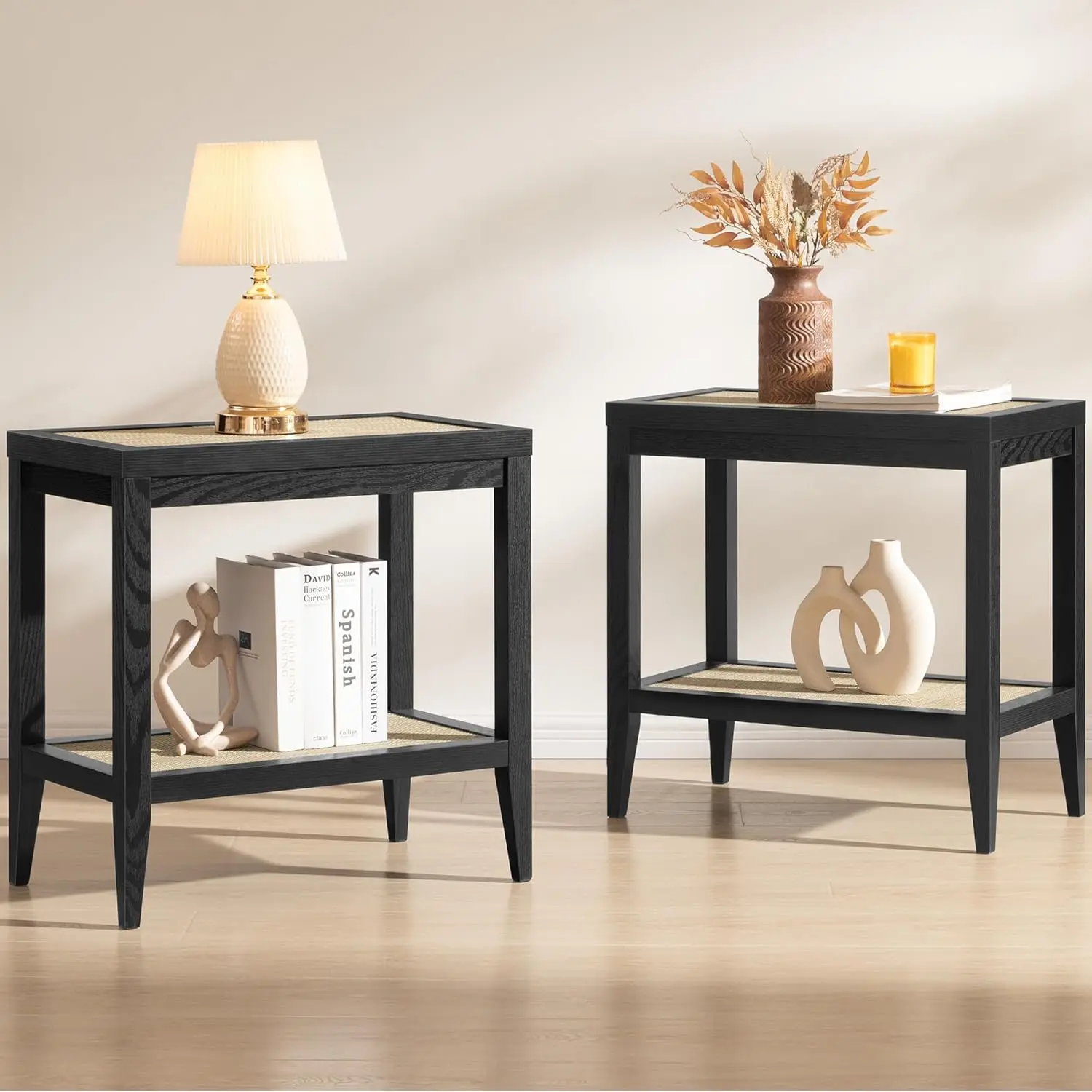 

Rattan Nightstands Set of 2 - Boho Shelf Bedside Tables Narrow End Table Living Room Set of 2 Side Table with Rattan Storage She
