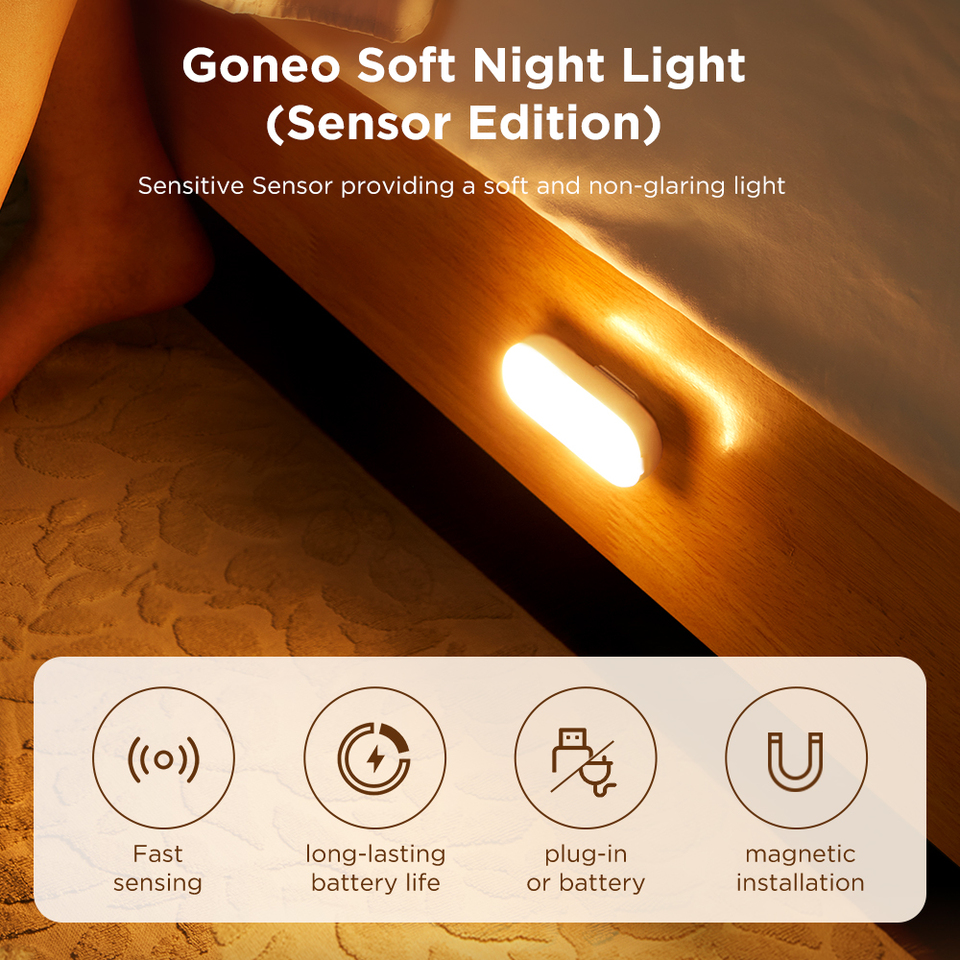 Goneo Night Light LED Lamp USB rechargeable Motion Sensor LED Magnetic Mount Eye-Care Bedside Light Cabinet Light For Home