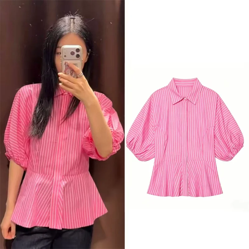

Women's Shirt 2026 Summer New Style Pink Striped Short Sleeve Waist-Cinching Flared Hem Shirt Casual Fashion Versatile