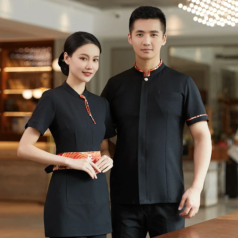 زي عمل تقديم الطعام بأكمام قصيرة للنساء فندق على الطراز الصيني مطعم الشاي إناء/ قدر مطعم النادل ملابس النادلة الصيفية ث