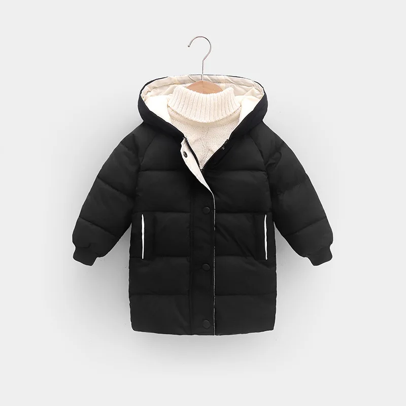 2 3 4 5 6 8 10 Jahre Mädchenjacke Winter Langer Stil Einfarbig Dick Warmhaltend Mit Kapuze Oberbekleidung Für Jungen Daunen-Baumwoll-Schneeanzug – Detail 1